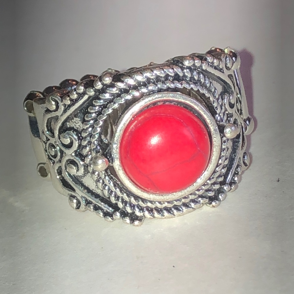 Silver Tone Bohemian Ring with Red Faux Stone